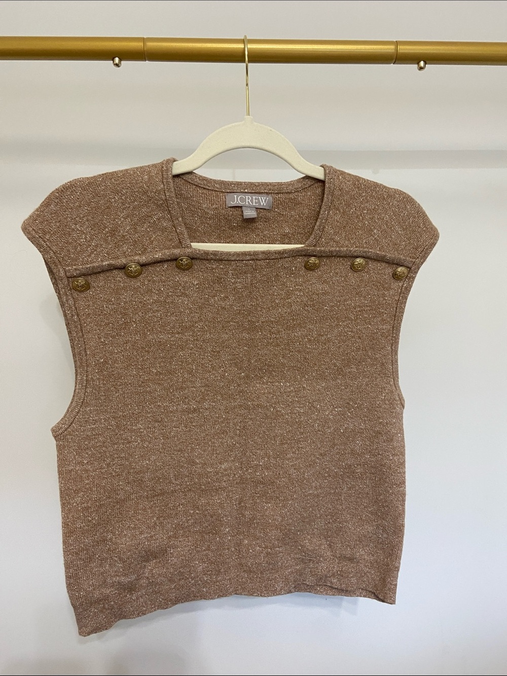 J. Crew Brown Sleeveless Crewneck Sweater with Gold Buttons